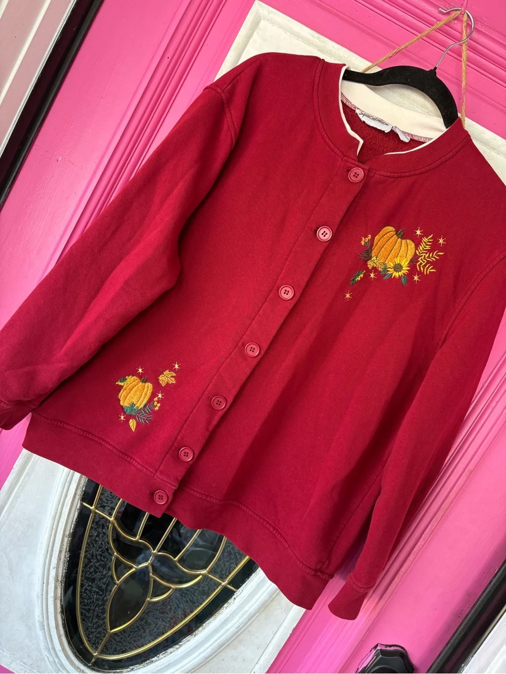 Fall Button-Up Red Cardigan with Pumpkin Embroidery